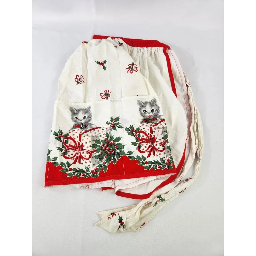 Vintage Kittens Holiday Christmas Apron Cats Jingle Bells Pockets Half Waist Tie